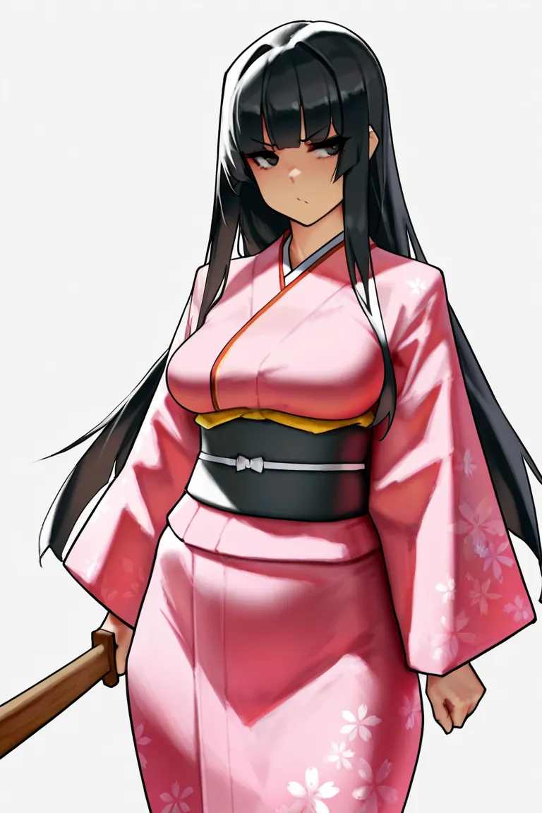 eu03, 1girl, long hair, black hair, medium breasts, kimono, long sleeves, solo, white background, cowboy shot, japanese clothes, black eyes, wooden sword, straight hair, tsundere