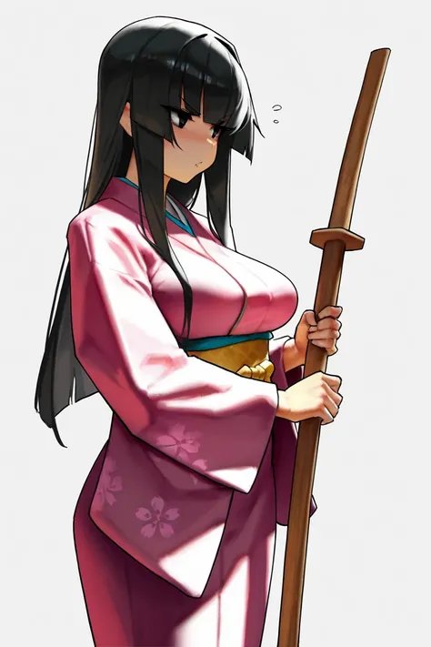 eu03, 1girl, long hair, black hair, medium breasts, kimono, long sleeves, solo, white background, cowboy shot, japanese clothes, black eyes, wooden sword, straight hair, tsundere