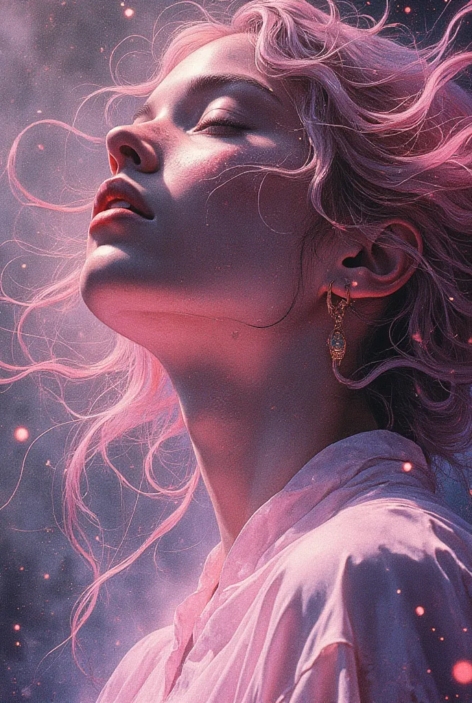 masterpiece, best quality, good quality, very aesthetic, absurdres, newest, 8K, depth of field, focused subject,
dynamic angle, from above, almost side view, wabi sabi, 1girl, holographic, holofoil glitter, faint, glowing, ethereal, neon hair, glowing hair...