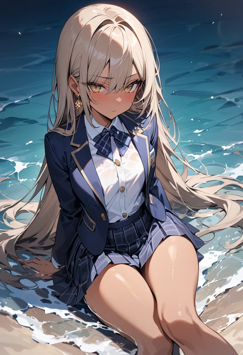 ((Greatest Masterpiece,super high quality:1.2)),(super resolution),(solo),cowboy shot,female high school student with slender figure and small breasts sitting with legs spread out at sea, healthy tan skin , beautiful face,Light brown long hair,perfect gold...