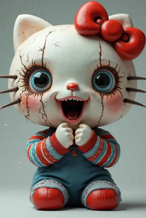 Chucky and Hello Kitty doll with hands on chin, Open mouth with a surprised face