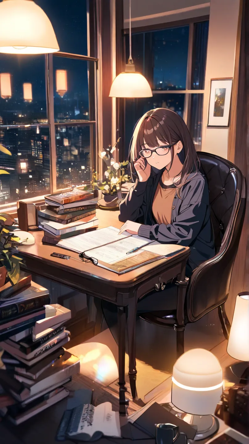 Stylish bedroom at night illuminated by the soft light of a desk lamp and LED strip light。 A age girl wearing glasses、writes in a notebook while listening to music with headphones、 while looking at reference books。  from the large window behind 、can see a ...