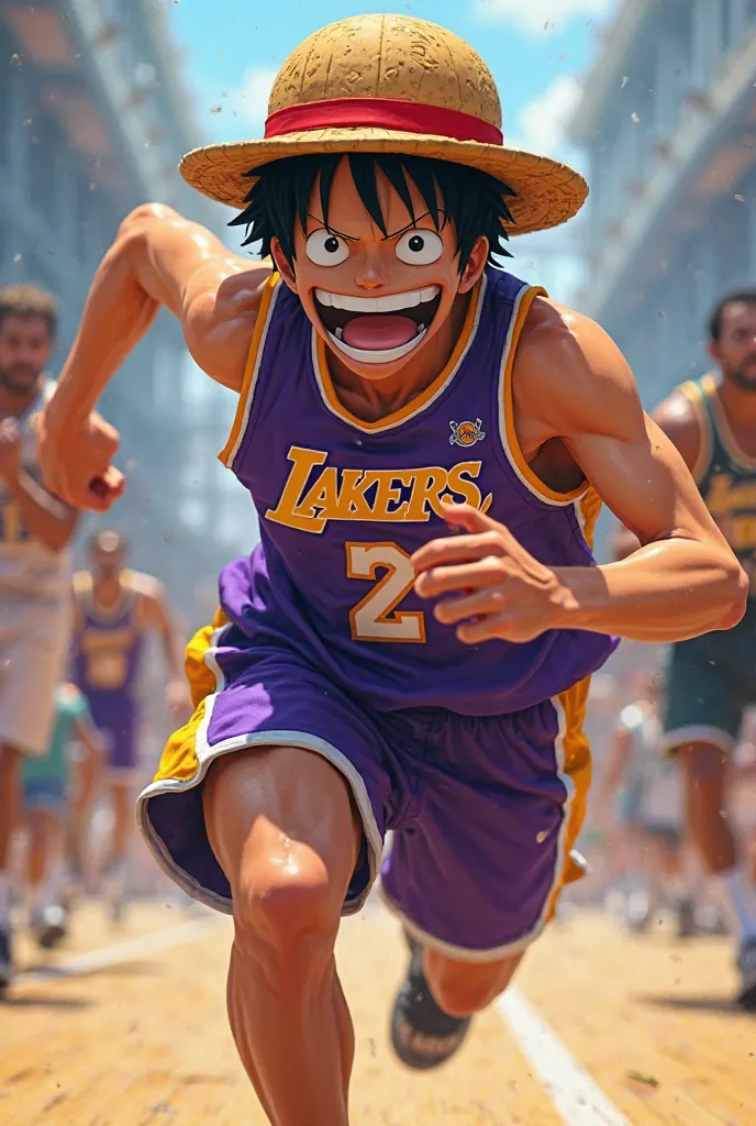 One Piece's Luffy wears his Lakers basketball outfit as he runs out a shitshot