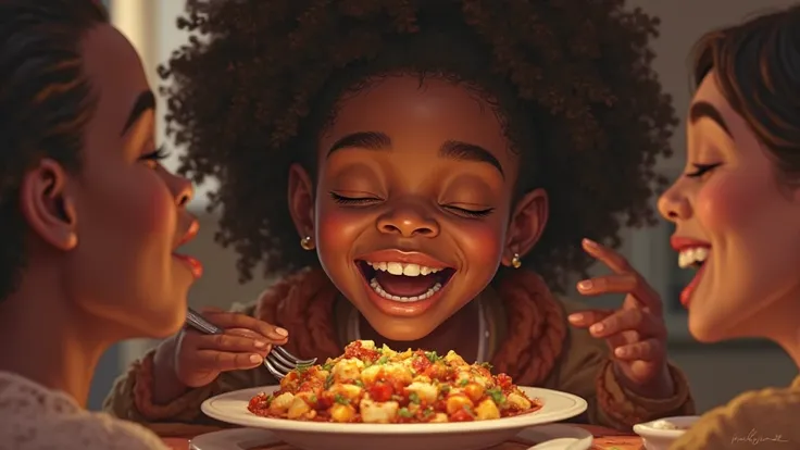 A Black person taking a bite of homemade food, closing their eyes with a satisfied expression, clearly enjoying the special taste, while friends nod in agreement.

