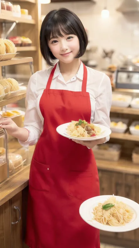 Only one woman, standing, (staff uniform) (red apron), /(black hair/) bangs, gentle smile with blush on cheeks, (top quality masterpiece :1.2) super detailed delicate illustration, ((big break)), (cafe shop) indoor, ((( girl, ,Short Bob, slim ))), ((Hold a...