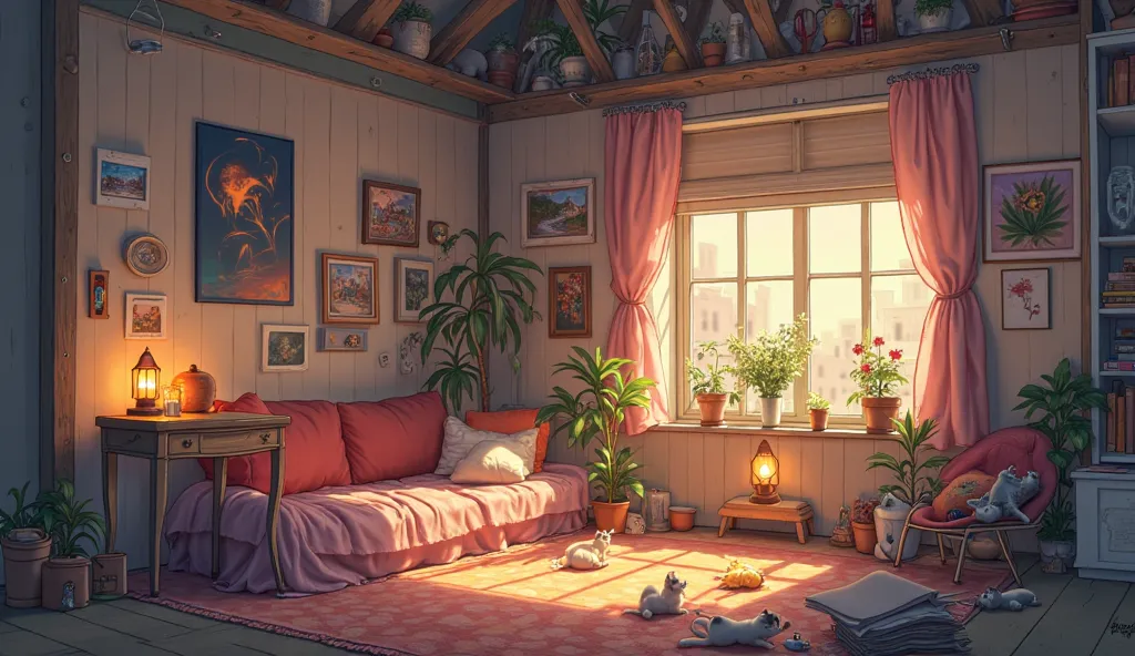  Anime style.  warm lighting . empty room: a cozy corner with creativity. around lanterns and art objects and pets