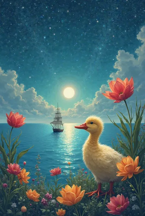 Whether it's a starry night with a sea view, a ship in the sea, a light sunrise in the sky, a garden across the sea, tulip flowers in the garden, let a tiny duck smell a tulip flower while at sea, and let a duck have a turquoise crystal necklace on its nec...