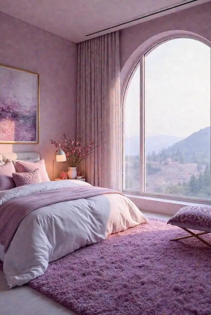 Here are some creative color ideas for a pink and purple room with a large bed, fluffy carpet, floor lamp, and panoramic window. Each idea includes an image prompt to help visualize the design: