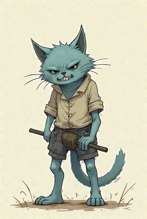 A tall and weak anthropomorphist cat, with light blue fur, wearing an old shirt and shorts, lifting a weight but shivering with fatigue