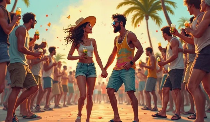 Create realistic drawing of a young couple enjoying and dancing in the midst of the crowd of the carnival block in Bahia in the state of Brazil, they are wearing warm clothes typical of carnival, glasses and hat, Girl with short shorts, tank top and sandal...