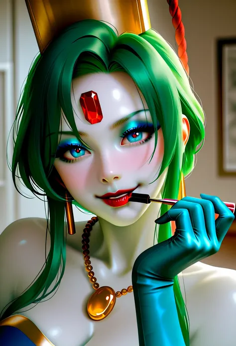 score_9,score_8_up  ,score_7_up  ,source_real, rating_safe,very beautiful woman ,    Masterpiece,    Hi-Res,   raw photo, realistic photo   glittering clothes  ,atsugessho:5.0,   1 girl, Heavy makeup, ,   green hair,   white skin, Red gem on forehead, 、 I ...