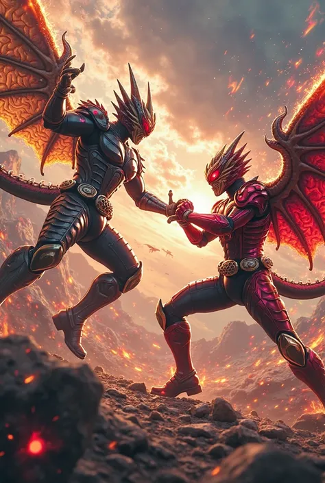 2boy ,Kamen Rider with dragon motif,Kamen Rider with a snake motif, fight