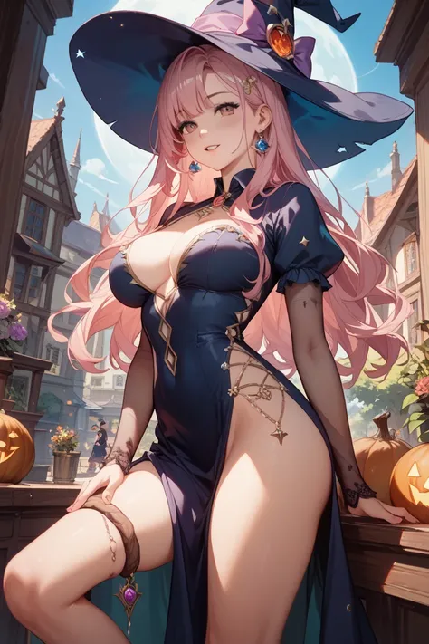 (((( masterpiece)))), ((((Highest quality、top quality、8k)))),  M-shaped leg opening、 pink long hair、high resolution,fine grain,detailed faces,( witch dress,  witch hat ,miniskirt)、big breasted、erotic poses, in the woods