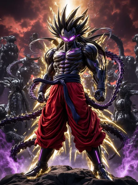 A powerful fusion between Goku Super Saiyan 4 and Sung Jin-Woo, The Shadow Monarch. The character has the muscular body and red coat characteristic of SSJ4, } but its aura is a mix of golden energy and undulating dark shadows. His eyes shine in a deep viol...