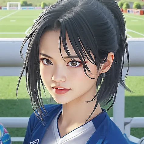 Photo realistic、 Japanese female soccer player 、The blue uniform of the Japanese national team、Number 10、The moment of shooting、 lawn soccer ground 、 Sunny、 orbital space、 dynamic pose 、 the moment they kick the ball with one foot 、ponytail hair style、 mus...