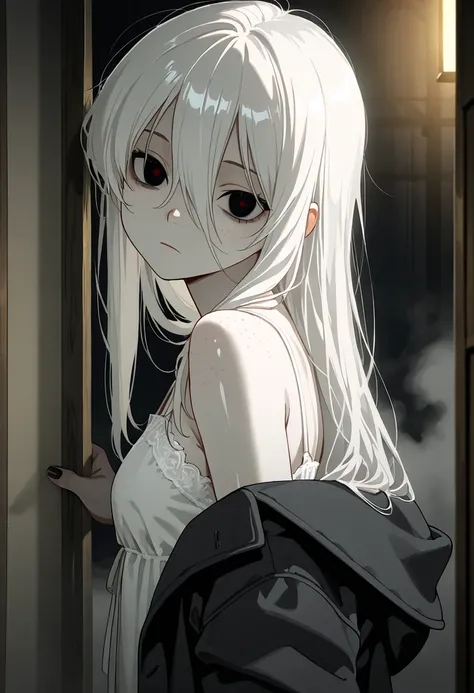 masterpiece, best quality, amazing quality, expressionless, close up, from side, head tilt, creepy, Pale, dark lifeless dark eyes, long white hair, long bangs, light freckles, black nails, off shoulder dark coat, white nightgown, woods, dense fog, slate at...