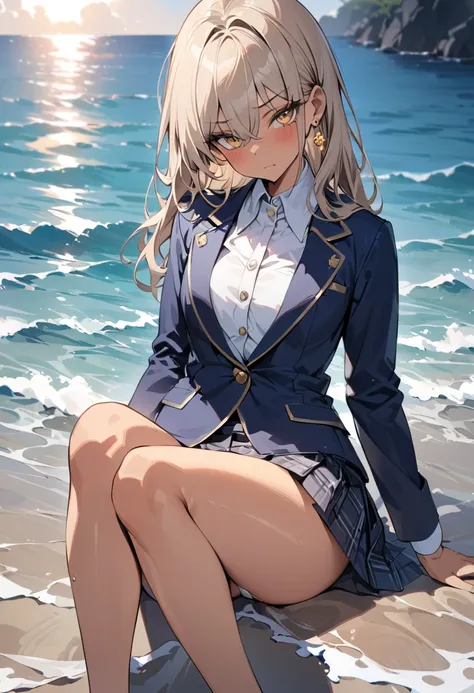 ((Greatest Masterpiece,super high quality:1.2)),(super resolution),(solo),cowboy shot,female high school student with slender figure and small breasts sitting with legs spread out at sea, healthy tan skin , beautiful face,Light brown long hair,perfect gold...