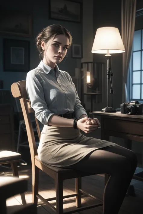 a girl with her hands tied to a chair
