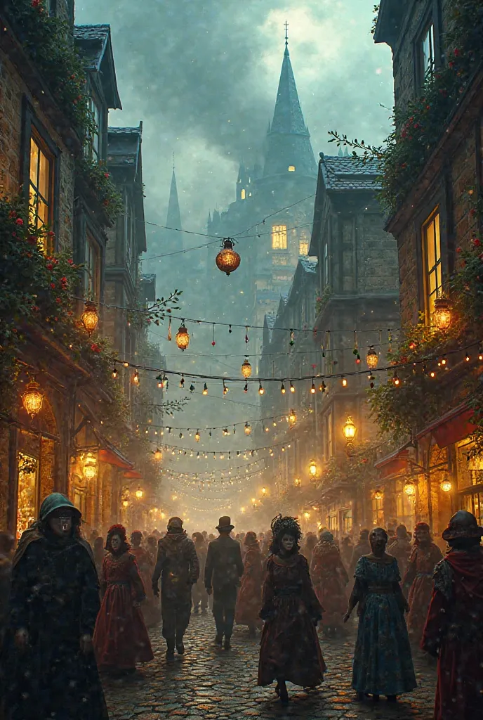 narrow cobblestone streets, filled with masked revelers dancing under yellow lights.  The climate is vibrant , festively decorated, but the thick fog in the sky hides something dark.