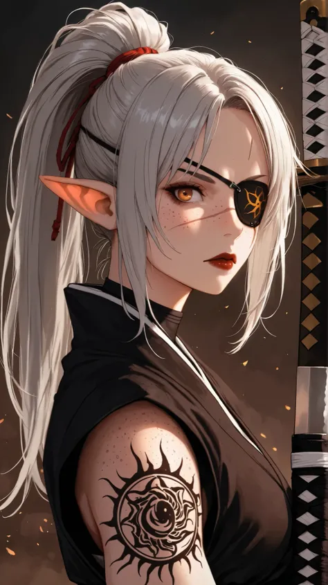 1girl, long hair, gray hair, ponytail, eye patch, kunoichi, samurai, beautiful, pointy ears, holding a katana, amber eyes, tired face, sun, D&D, warlock, freckles, dark red lips, scar on eye, black tint on eye, white katana, nodachi, gothic, witchcraft, fr...