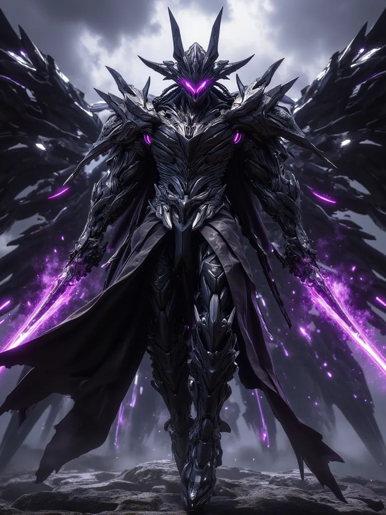 Sung Jin-Woo, the Solo Leveling Shadow Monarch, in a dominant and intimidating pose. He wears his gleaming black armor with bright purple, and his dark cloak flutters in the wind. His eyes shine brightly in a violet tone, radiating a dark and majestic aura...