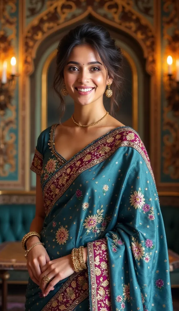 "A stunning young woman with a warm, confident expression, wearing a richly embroidered traditional Indian saree in shades of deep blue, purple, and teal with intricate floral and gold patterns. She has a neatly styled updo with soft waves framing her face...