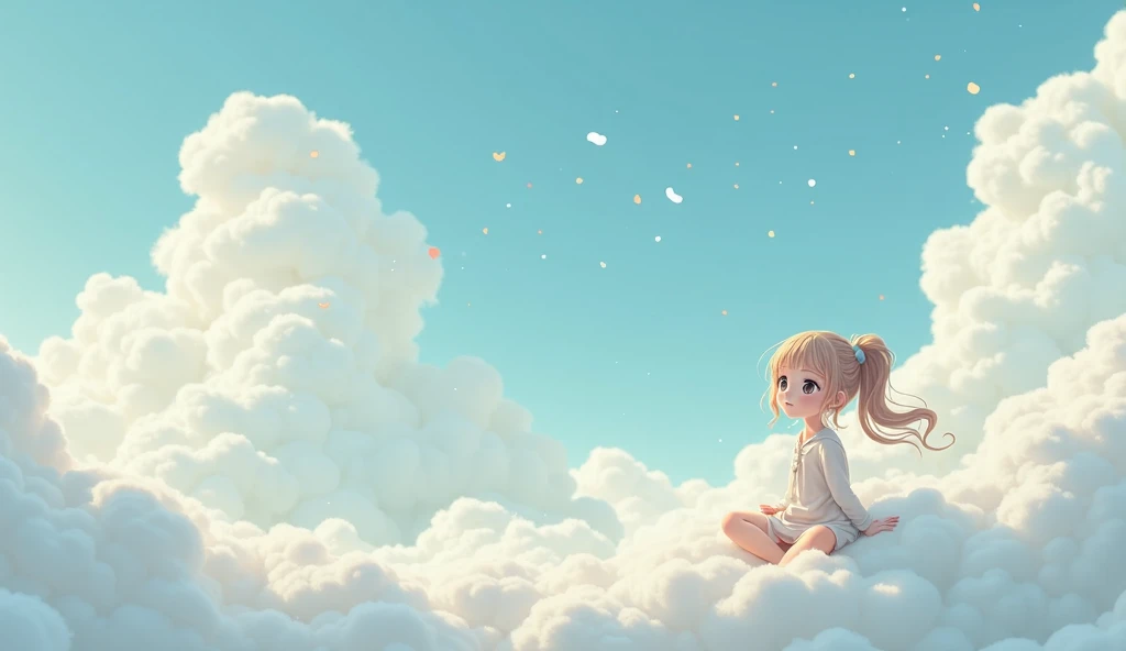 lo-fi girl sitting on a cloud in the left of the frame, blue sky, fluffy clouds, anime style, animebest quality, 4K, high resolution, masterpiece, ultra-detailed, realistic, photorealistic, photo-realistic, HDR, UHD, studio lighting, ultra-fine painting, s...