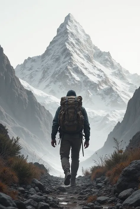 Man with his back going to the mountain Iilimani carrying a travel backpack