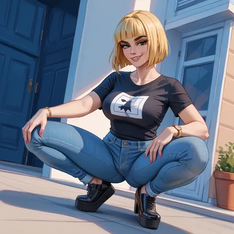 score_9, score_8_up, score_7_up, aidxlv05_neg, AissistXLv2, sketch, high quality eyes, yaoi, woman, blonde bob cut hair, thick eyebrows, green eyes, big breast, denim black pants, black baggy t-shirt, platform shoes, crouching, smug, Masterpiece, Best Qual...