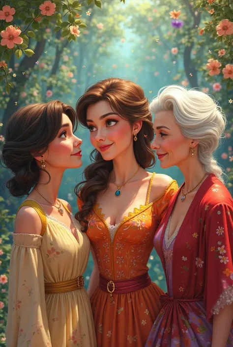  A brown-haired lady, Another woman dressed in red with black hair and an old woman dressed together like Disney 