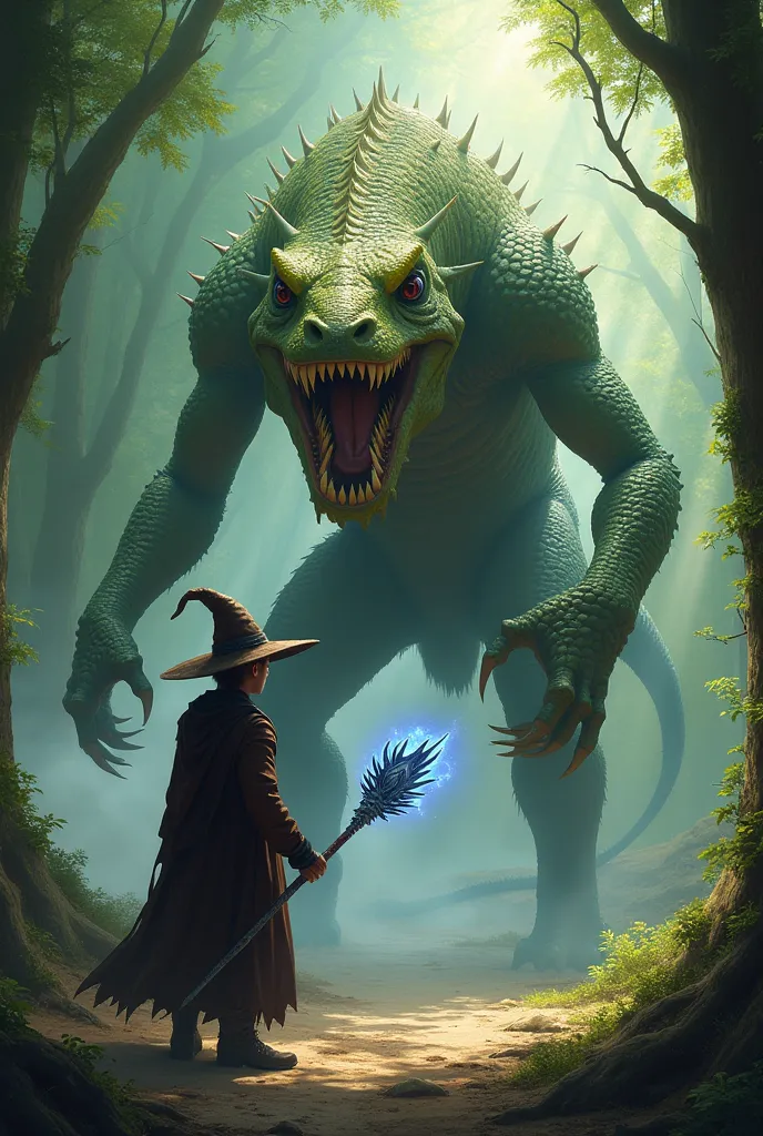 A fantasy battle scene set in a dense, ancient forest with towering trees and sunlight filtering through the thick canopy. In the center of the scene, a monstrous creature resembling a mutated, cyclopean lizard stands, its massive single eye glowing menaci...