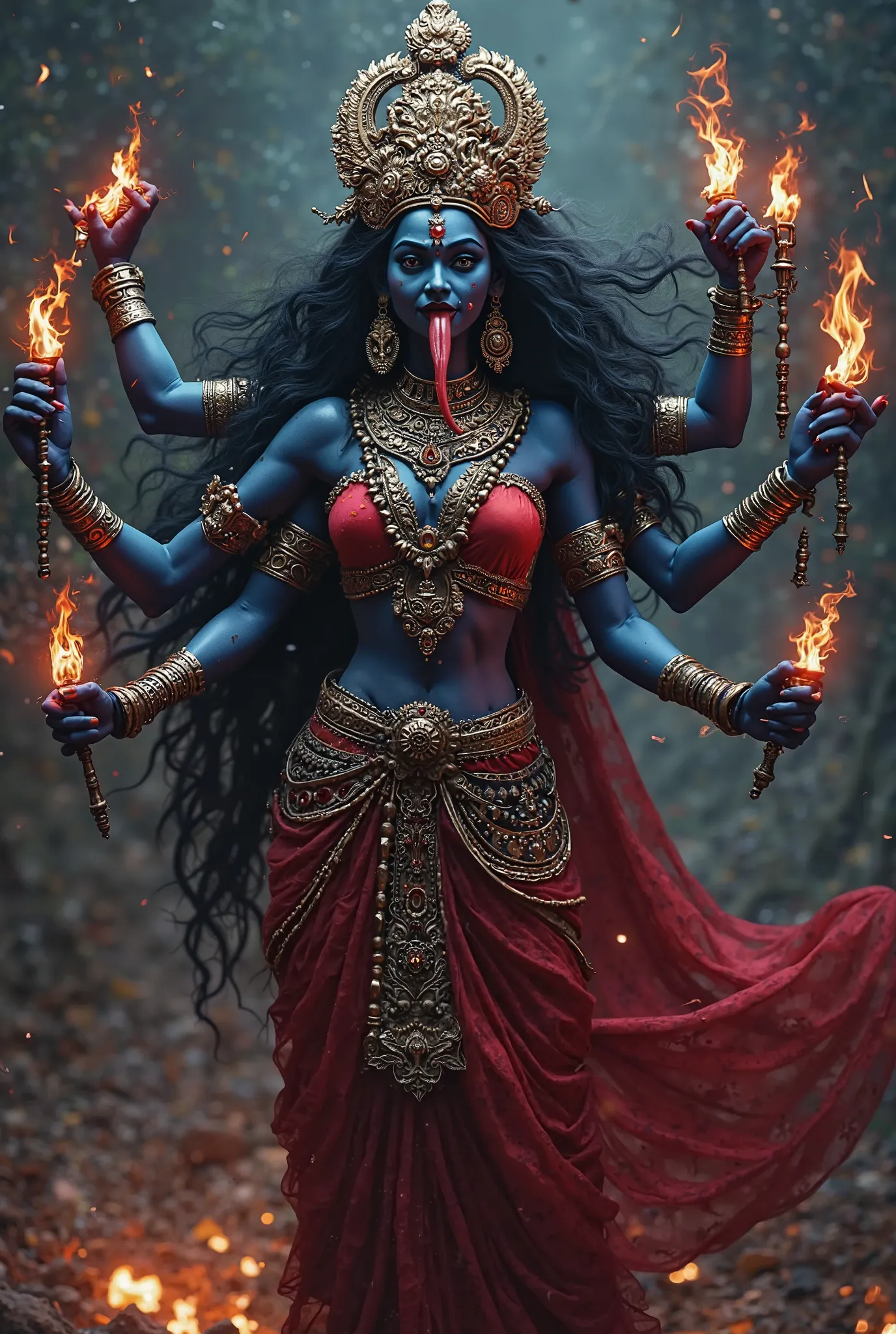 Indian beautiful  goddess mahakali  looking god high regulasation reallyistic HD clear detailing HD image ,dark blue body,6 arms,symbol weapons,fierce, Long red tongue ,majestic,wearing red sari,dark night,sparkling