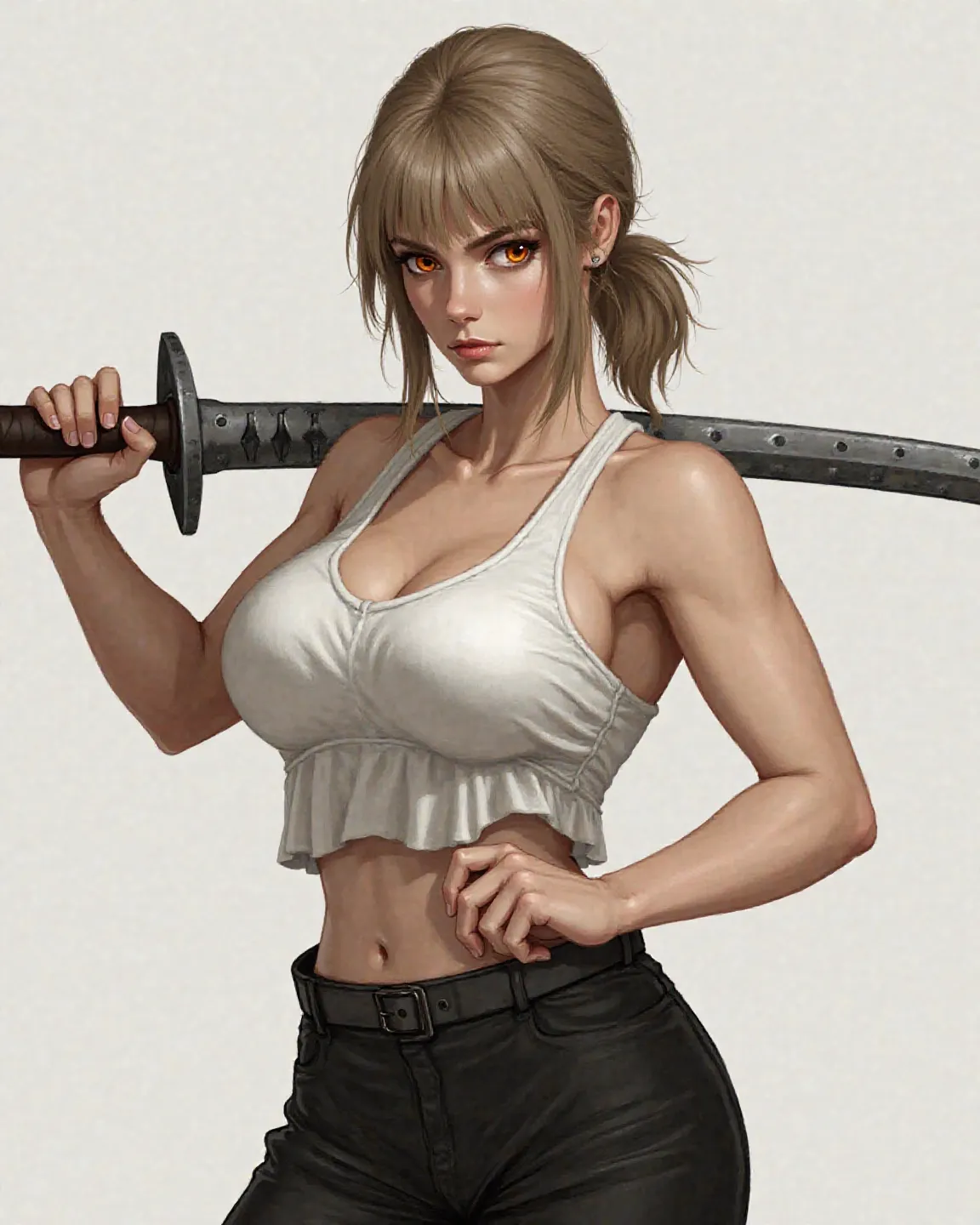 Light brown hair, white tank top, orange eye, serious face, slightly thick bangs, medium breast size, black pants, low ponytail, adult female, use sword
