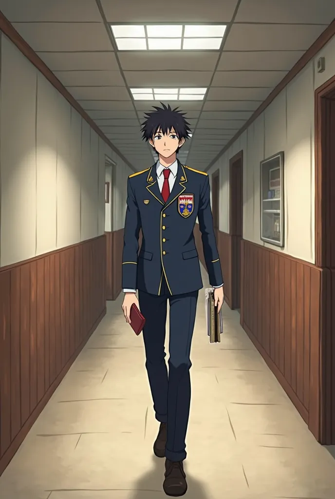 anime character in uniform walking down a hallway with a book, an anime drawing inspired by Narashige Koide, trending on pixiv, hurufiyya, sankakucomplex anime image, in an anime, official anime still, in my hero academia, official art, ( ( ( anime ) ) ), ...