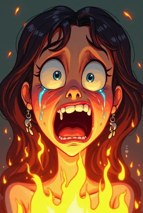 a woman drawn like a ren's cartoon crying tears of fire