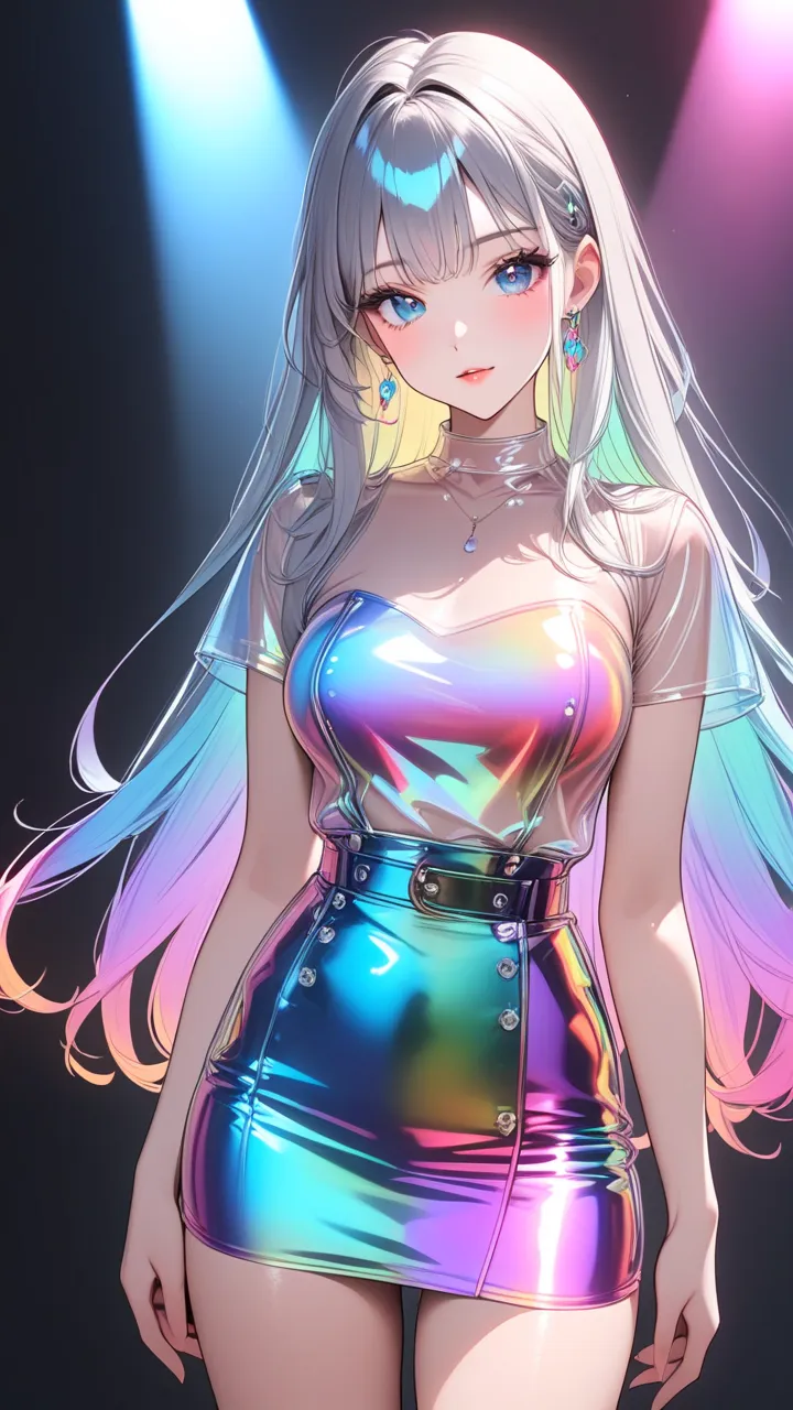 1 girl, beautiful, transparent color PVC clothing, transparent color vinyl clothing, prismatic, holographic, chromatic aberration, cute, detailed eyes, detailed lips, long eyelashes, vivid colors, studio lighting, physically-based rendering, portraits, ful...