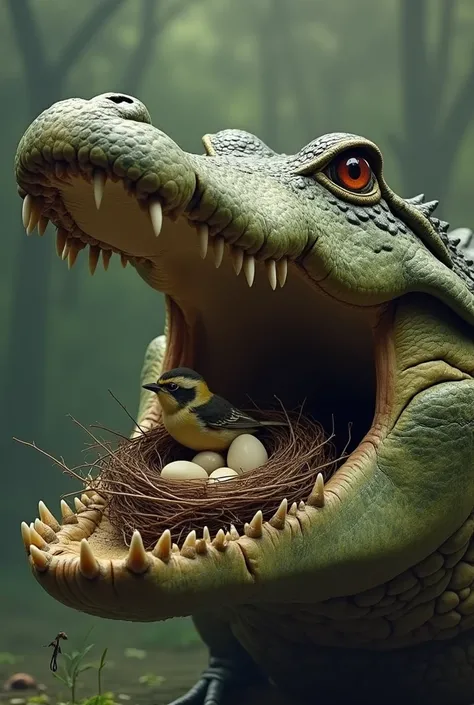 surreal artwork depicting a crocodile with its mouth wide open, containing a bird's nest with eggs and a small bird inside. The contrast between the predator and the fragile nest creates a striking visual metaphor for coexistence, trust, or danger.