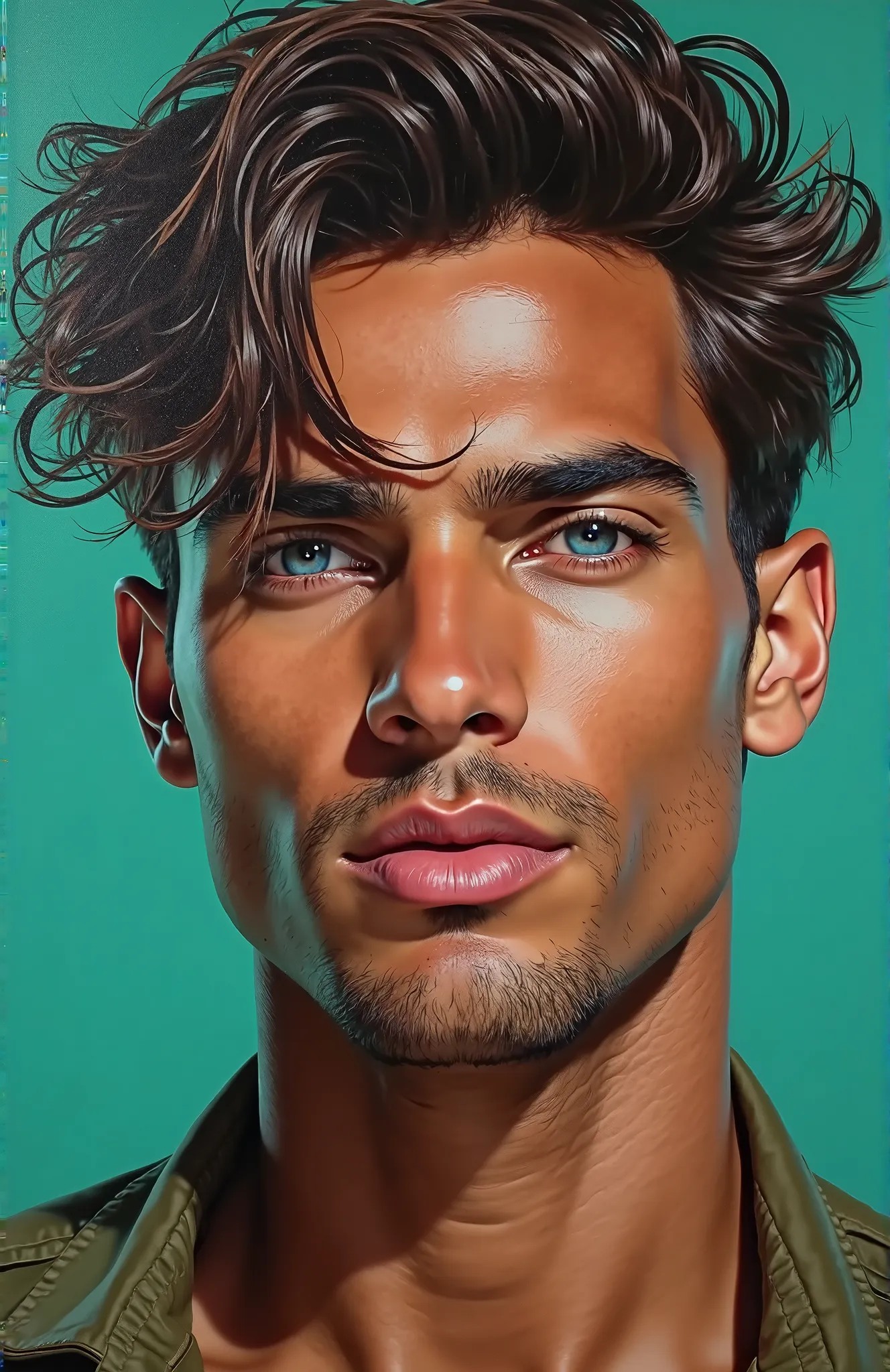 High-quality realistic acrylic art,  bright colors , a very handsome man with an exotic mulatto appearance, very sexy man, loose-haircut hair,  close-up of the face  ( FACE all over the picture),  detailed face, detailed lips, Detailed blue eyes,  looks at...