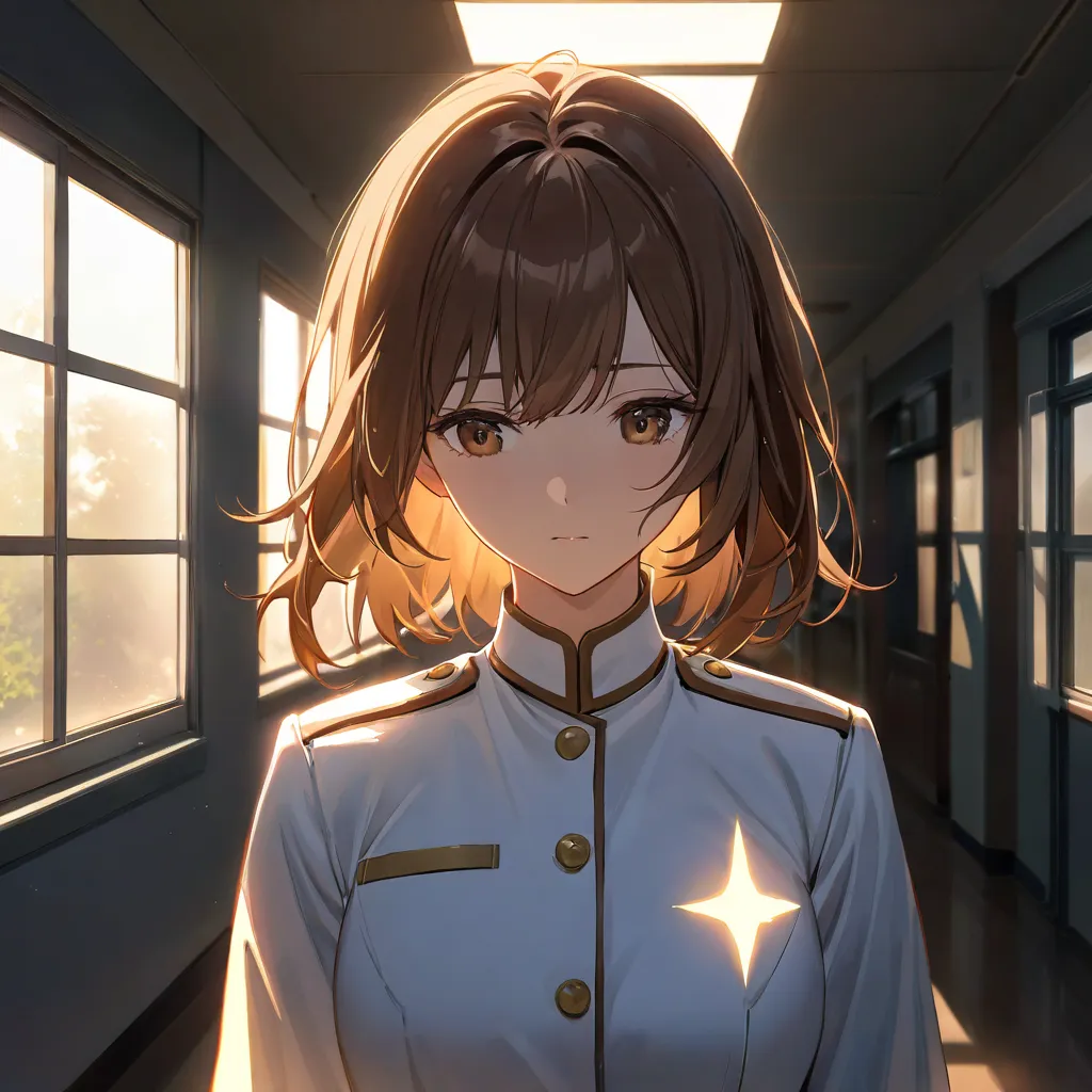 A woman with short brown hair wearing a high school uniform、 on top of your head ？Floating mark