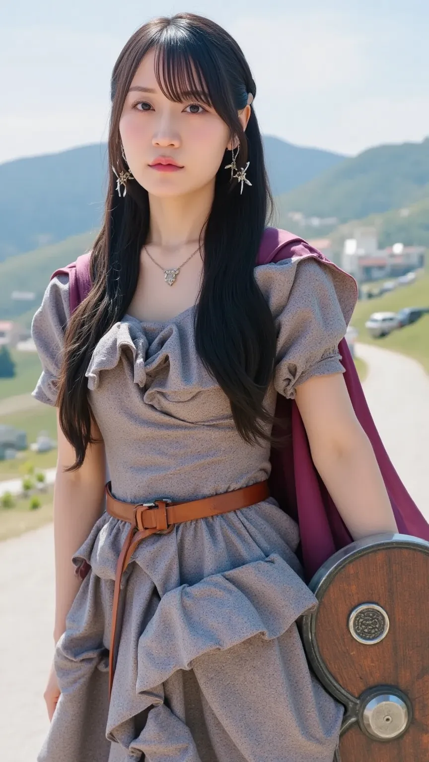 「A brave Japanese woman who finds herself transported to a fantasy world. She is wearing a sturdy, magical-looking one-piece dress with leggings, a flowing cape draped over her shoulders. In her hands, she holds a sword and a large shield, both appearing s...