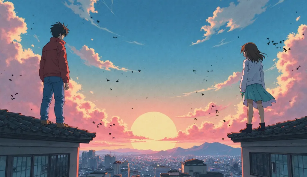 Two distant figures, standing on opposite rooftops, Japanese anime, particularly a retro or action-packed style. The artwork seems reminiscent of shows from the '80s and '90s, with the vibrant background and character design typical of that era.