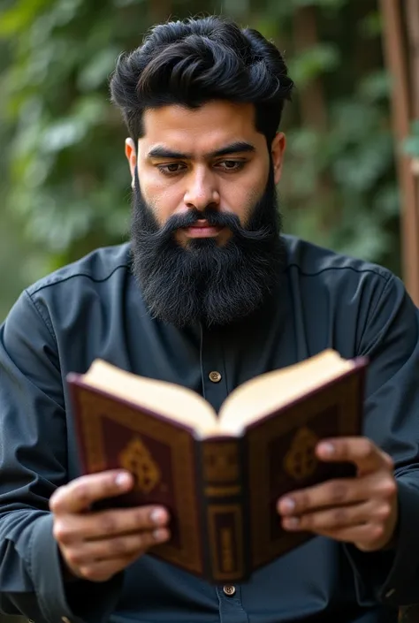 a mixed man with a big beard holding a quran in his hand write on the back (hikam sh ahmed)