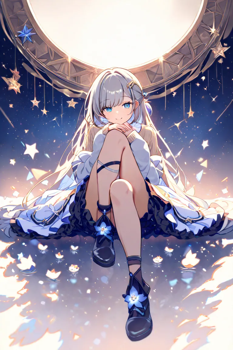 masterpiece,Highest quality,Super Detail,8k, facing backwards　 night viewを見る１girls,gray hair half up 　 inner color　 blue eyes　cute smile up to the knee　Flower Hairpin　brown long cardigan　White frilled dress　 fluffy　 forest girl　 night view　 glitter　Night S...