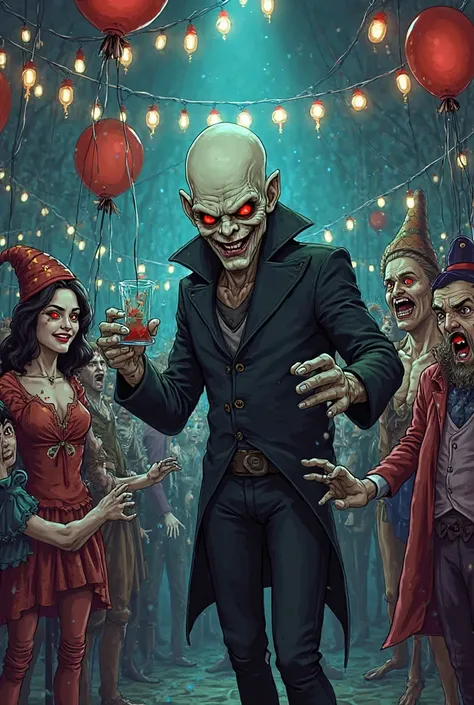 Dark cartoon of a , bald creature, with glowing red eyes and an ominous smile, holding human puppets dressed as Carnival. He raises a drinking glass while controlling the revelers.