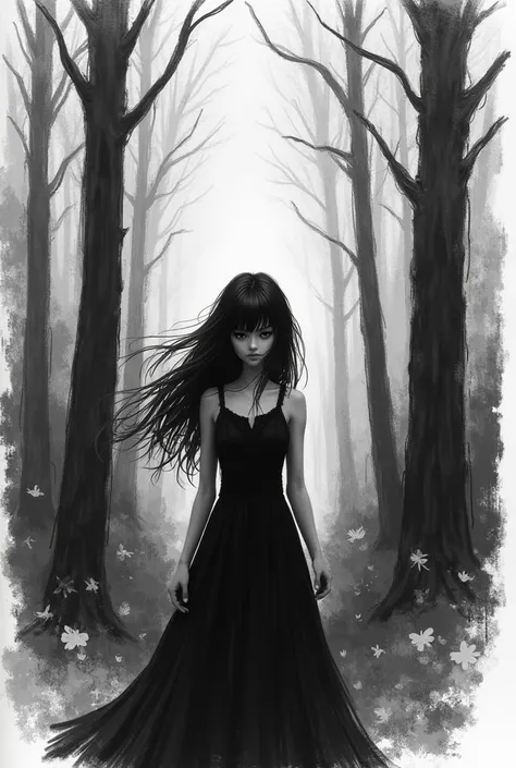 make a sketch in Monet style paint black and white of abstract woods and you can see from far a girl in black dress, she has long black hair and bangs, her face is enigmatic 