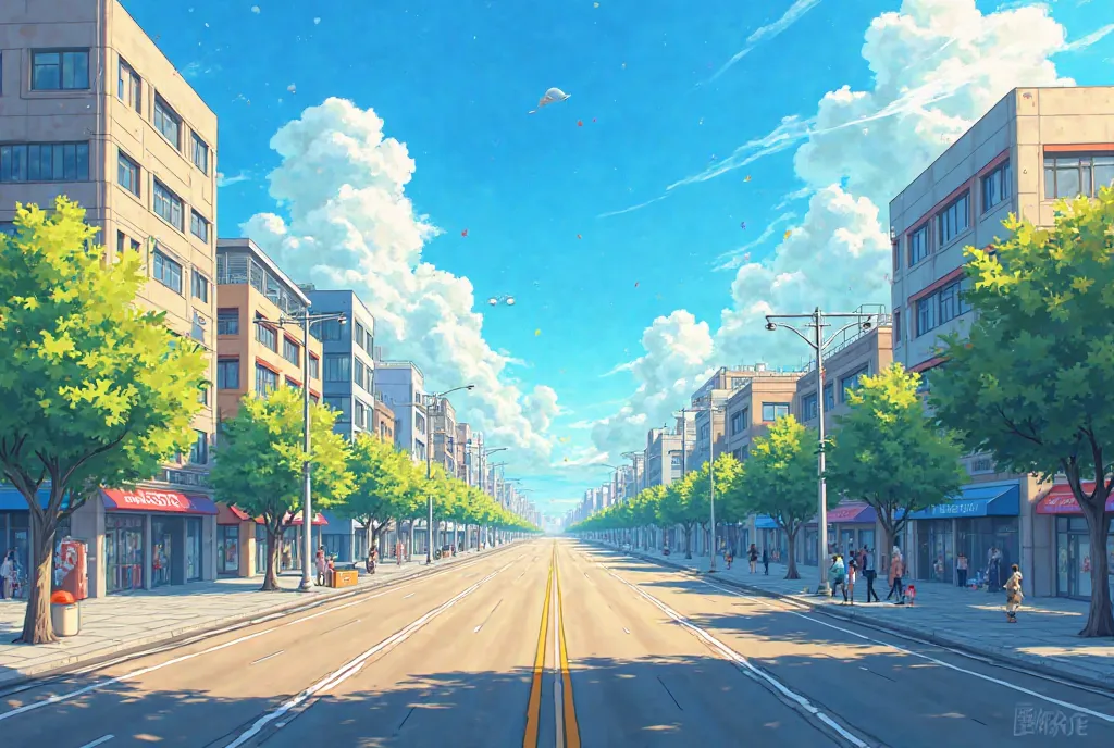  Anime style. The city has spacious streets. Sunny day blue sky. street 