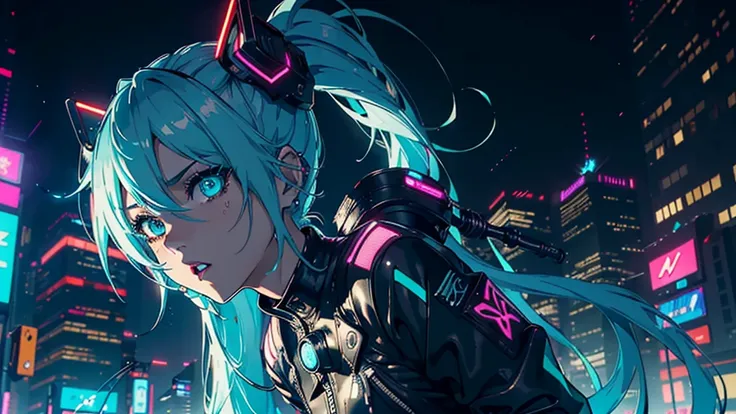 One upscale close-up of a high-pitched virtual singer in a neon-lit urban street, (hatsunemiku), (Super Detail), (8K), ((Futuristic Hip Hop Fashion)), (Cyberpunk Cityscape), (hyperdetailed face), (Cool Face with Determination), (Upper Body Focus), (Standin...