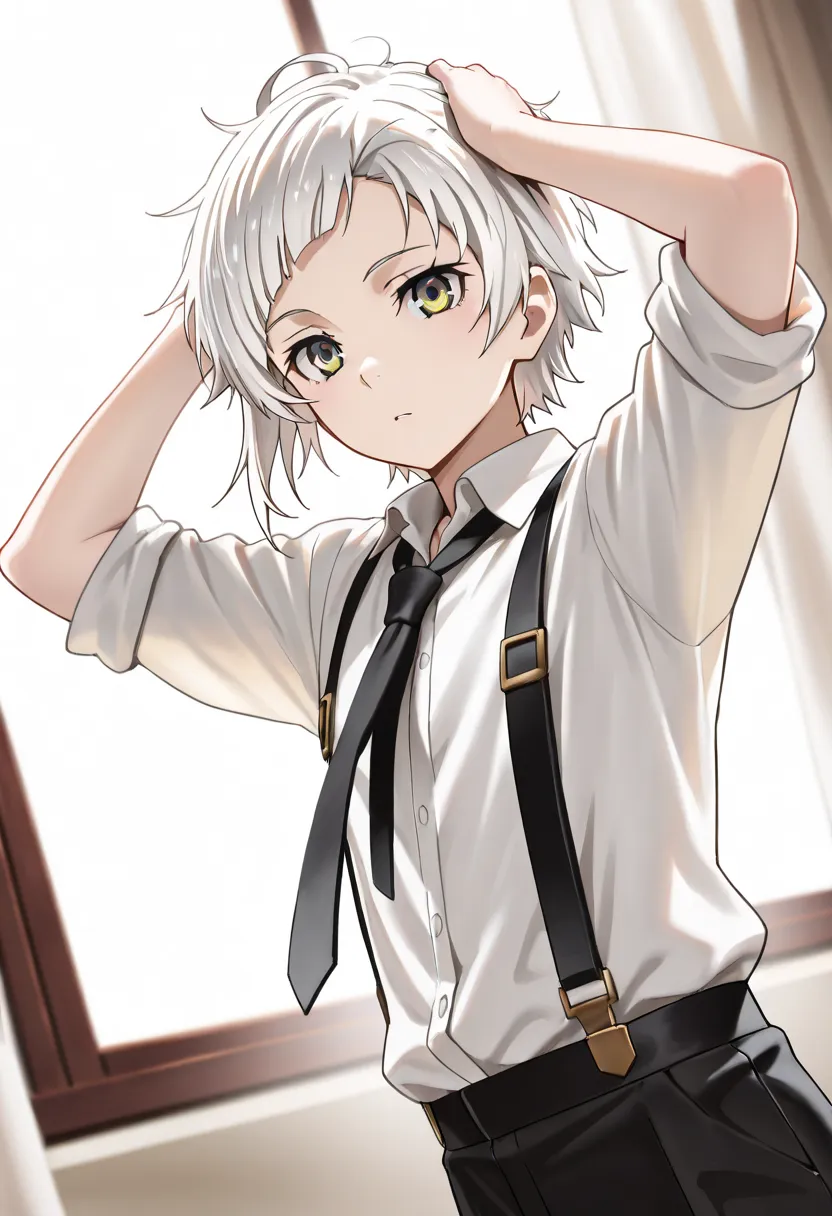 (best quality, masterpiece, ultra highres, ultra-detailed:1.2) ,
highly detailed digital illustration, (Atsushi Nakajima from "Bungo Stray Dogs"),
young male character, short silvery-white hair styled in a slightly messy, natural wave. His bangs are long, ...