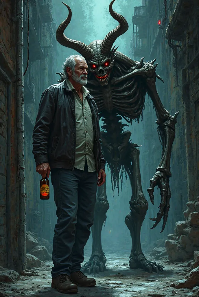 Dark charge-style illustration of an ordinary man holding a beer, not realizing that a skeletal demon with horns and red eyes is behind him, whispering in your ear with a wicked smile.