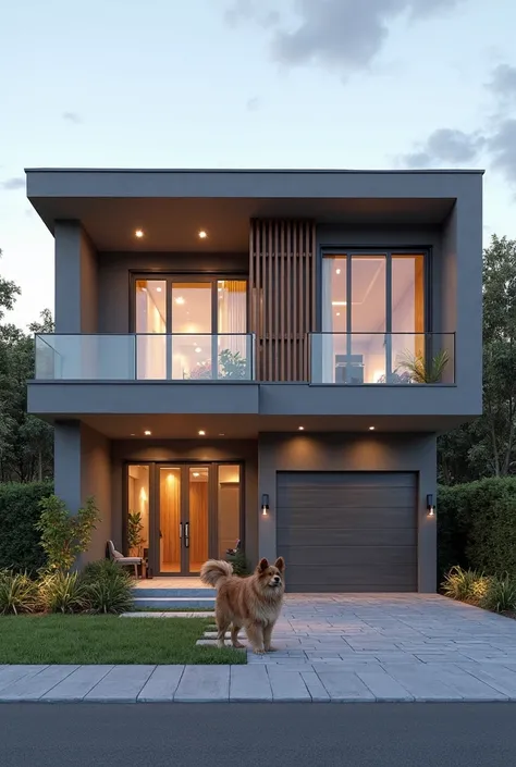 rendering of a modern house with a dog in front of it, a digital rendering by Sam Black, trending on cg society, conceptual art, frontview, inter dimensional villa, front facing view, front perspective, precise architectural rendering, front facing shot, m...